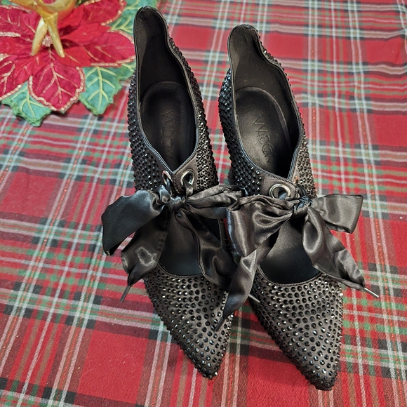 Dolls Kill Black Studded Heels with Satin Bow - Picture 2 of 7